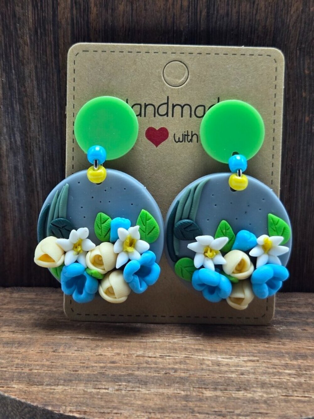 NWT Floral Blue White Polymer Clay Earrings Pierced Acrylic Dangle Drop OOAK